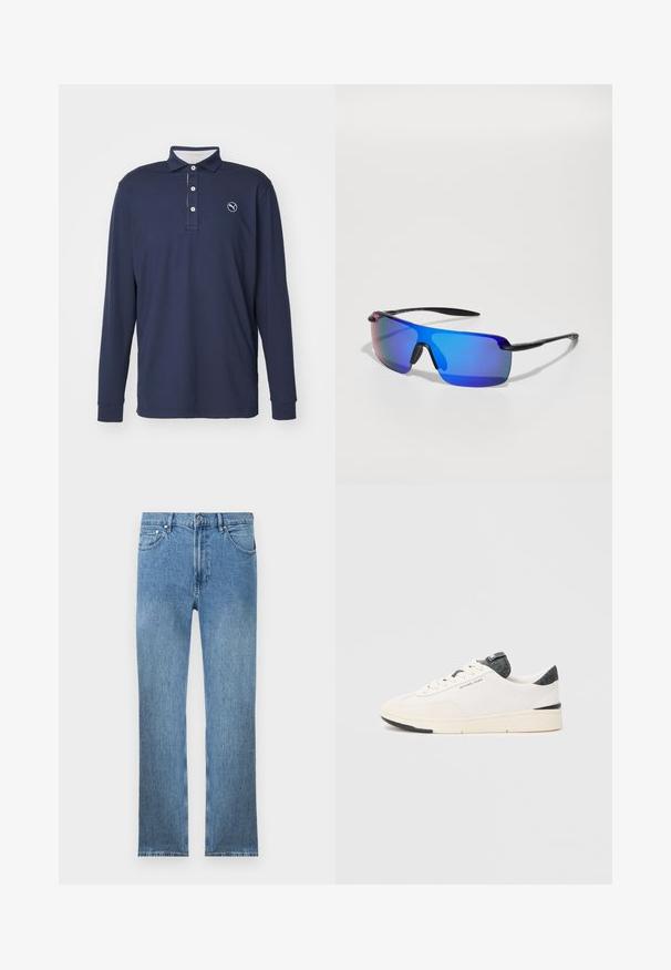 Tumed pikkade varrukatega polo särk, mis on valmistatud pehmest kangast, kaeluses on krae, kolmes nupusulgur ja logo vasakul rinna piirkonnas.; Heledsinine teksapüksid sirge lõikega, viie taskuga, tõmblukuga ning kontrastsete õmblustega. Kanga pind on sile ja tekstuuriga.; Valged tossud, millel on perforatsiooniga võrgusilm külgedel, pehme seemisnaha varvas, tumedad tekstureeritud aktsendid kandmisel ja keeles ning kummist tallad.; Sportlikud prillid musta raamiga, siniste peegeldavate läätsedega, nurkadega kujuga ja kummist ninasillaga, mis tagab parema haarde. Läätsedes on gradient varjund.