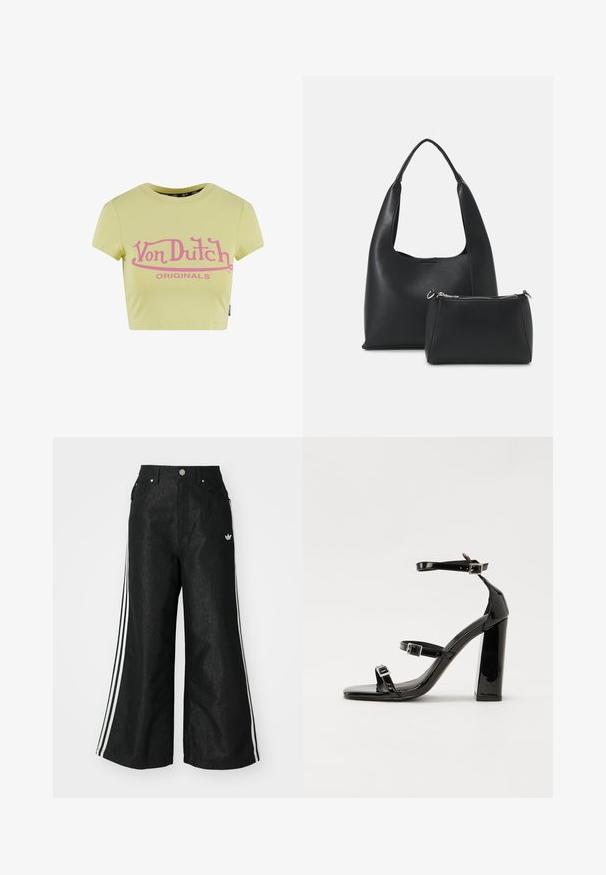 Gelbes, kurzes T-Shirt aus Baumwolle mit einem auffälligen pinken "Von Dutch"-Logo und dem Schriftzug "ORIGINALS" in einer geschwungenen Gestaltung. Kurze Ärmel.; Schwarze, weit geschnittene Jeans mit drei weißen Streifen an jeder Seite und einem kleinen weißen Logo. Mit vorderen Taschen und einem Knopfverschluss.; Schwarze patentierte Sandalen mit Absatz, quadratischer Spitze, Knöchelriemen und silbernen Schnallen. Mit einem stabilen Blockabsatz für mehr Stabilität.; Even&Odd Handtasche - black