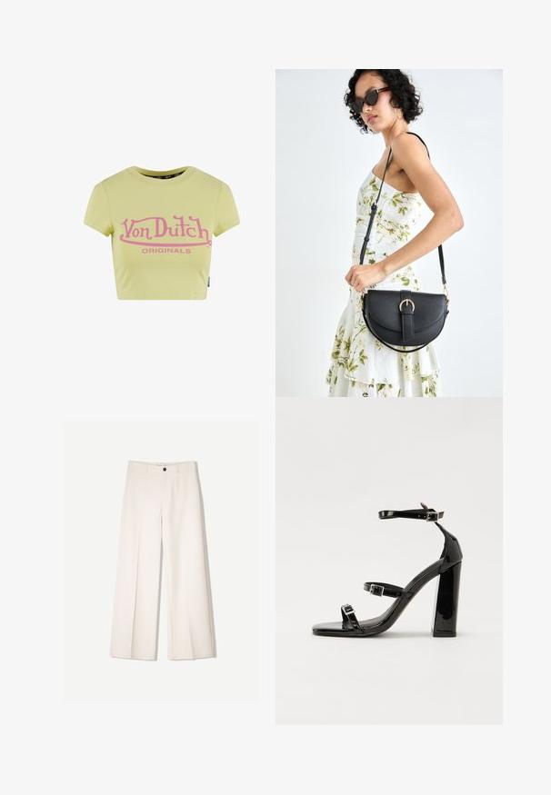 Geel cropped t-shirt van katoen, met een opvallend roze "Von Dutch" logo en de tekst "ORIGINALS" in een gebogen ontwerp. Korte mouwen.; Crème brede broek met een tailored ontwerp, voorzien van twee voorzakken en een enkele sluiting met een knop aan de voorkant, gemaakt van een gladde stof.; Zwarte gepatenteerde sandalen met hak en een vierkante neus, enkelbandjes en zilveren gespen. Heeft een stevige blokhak voor stabiliteit.; Zwarte leren handtas met een gebogen vorm, afneembare schouderband en gouden hardware. De tas heeft een klep met een gespsluiting.