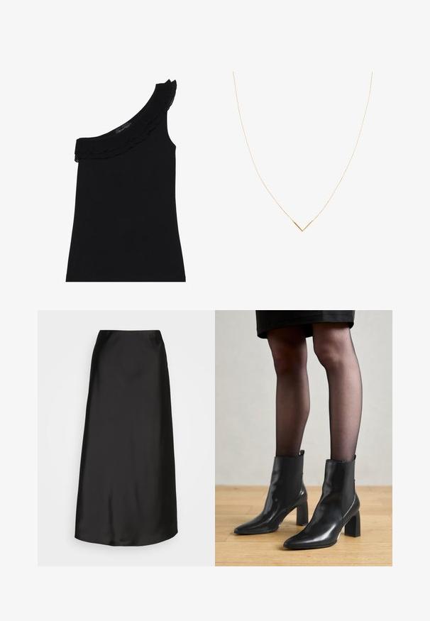 Top nero a spalla unica con scollatura arricciata. Tessuto liscio ed elasticizzato. Design semplice e aderente, senza ulteriori motivi o dettagli.; Gonna midi nera in satin con una texture liscia, forma a linea A e una leggerissima lucentezza. Presenta un design elegante e semplice, senza decorazioni.; Stivaletti neri in pelle con punta affusolata, tacco quadrato imponente e design elegante. Dotati di pannelli laterali elasticizzati per una facile vestibilità.; Collana in tono oro con una catena sottile e un pendente a forma di V. Design elegante con una finitura liscia e lucida e dettagli minimi.