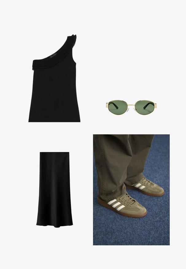 Sort top med én skulder og rynket halsudskæring. Glat, strækbart stof. Enkel og tætsiddende design uden yderligere mønstre eller accenter.; Sort midi-nederdel lavet af glat, letvægtsstof. Den har en lige skæring, ingen synlig hardware og et enkelt design uden mønstre.; Grønne ruskindsneakers med tre hvide striber, brun gummisål og teksturerede snørebånd, parret med olivengrønne bukser på et blåt tæppe.; Solfarvede solbriller med guldmetalramme, grønne linser, oval form, sorte stænger og klare næsepuder. Rent, minimalistisk design.