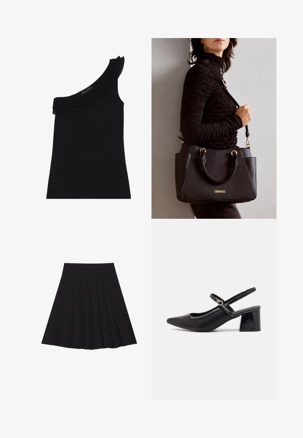 Black, one-shoulder top with a ruffled neckline. Smooth, stretchy fabric. Simple and fitted design, no additional patterns or accents.; Black pleated skirt made of textured fabric with a fitted waistband. Falls to knee length, featuring a smooth, clean silhouette.; Black patent leather slingback heels with a pointed toe, a rounded cutout design, and a block heel. Features a gold-tone buckle accent.; Black handbag with textured surface, dual top handles, and adjustable shoulder strap. Features gold-tone hardware and side pockets.
