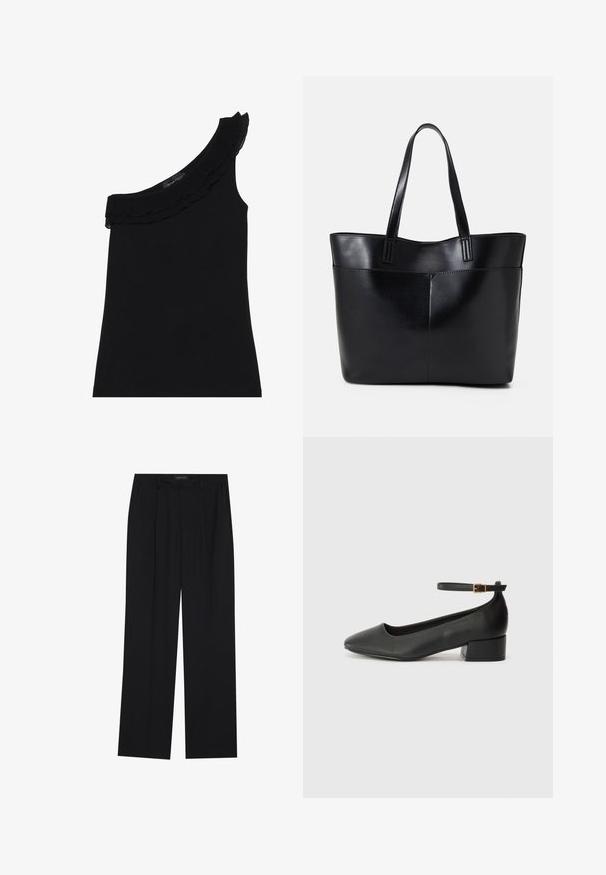 Mustmust, ühele õlale lähedal olev tipp, millel on volangidega kaelus. Sile ja veniv kangas. Lihtne ja tihe disain, ilma lisakujunduste või aktsentideta.; Mustad püksid sirgjoonelise disainiga, millel on kaks esist taskut ja muudatus. Valmistatud siledast, kergekaalulisest kangast.; Must mustaapp, millel on terav nina ja madal blokk-kand. Omab pahkluu rihma koos kuldse tooni pandlaga. Sile tekstuur.; Must mustaga musta nahast, millel on kaks pikka kanda, sile tekstuur ja struktureeritud kuju. Esipoolsel on lisakoti jaoks tasku.