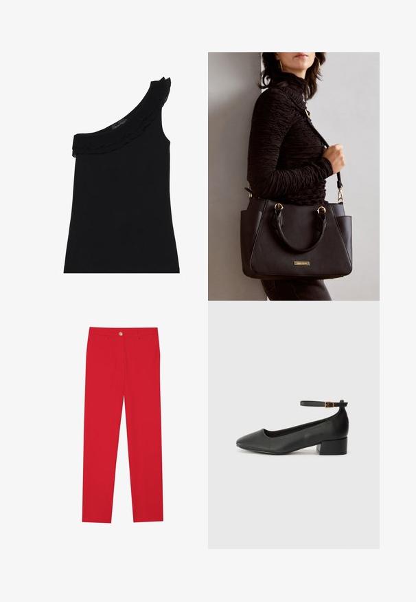 Zwarte top met één schouder en een ruchesnek. Glad, rekbaar materiaal. Eenvoudig en aansluitend ontwerp, zonder aanvullende patronen of accenten.; Rode broek met een rechte pasvorm, vlakke voorkant, enkele knoopsluiting en twee zijzakken. Gladde stof zonder zichtbare patronen of accenten.; Zwarte leren pump met een spitse neus en een lage blokhak. Beschikt over een enkelband met een goudkleurige gespsluiting. Gladde textuur.; Zwarte handtas met gestructureerd oppervlak, dubbele bovenhandvatten en verstelbare schouderriem. Voorzien van goudkleurige hardware en zijzakken.
