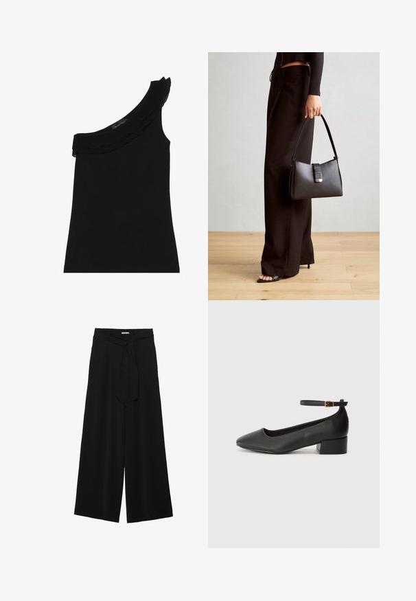 Top negru, cu o umăr, având o linie de gât croită cu volane. Material neted și elastic. Design simplu și ajustat, fără tipare sau accente suplimentare.; Pantaloni largi negri dintr-un material texturat, cu un tiv elastic și o panglică detașabilă la talie pentru un fit ajustabil.; Pantof cu toc negru din piele, cu vârf ascuțit și toc mic pătrat. Dispune de o curea la gleznă cu o cataramă în tonuri de aur. Textură netedă.; Genți negre cu o formă structurată, textură netedă și un închizător metalic. Asortată cu pantaloni negri largi și sandale cu vârf deschis pe un podea din lemn.