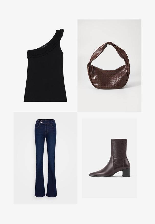 Svart, en-skulder topp med volangkanting. Glatt, elastisk stoff. Enkel og tettsittende design, uten ekstra mønstre eller detaljer.; Mørkeblå vide jeans med høy midje, to frontlommer og to knappestenger. Laget av denim med en jevn tekstur.; Burgunderfargede ankelstøvler laget av glatt lær med spiss tå og blokkhæl. Skaftet er strømlinjeformet og tettsittende, og strekker seg til midt på leggen.; Brunnet flettet lærveske med en buet, knyttet håndtak og glidelås. Glatt tekstur og rund form.