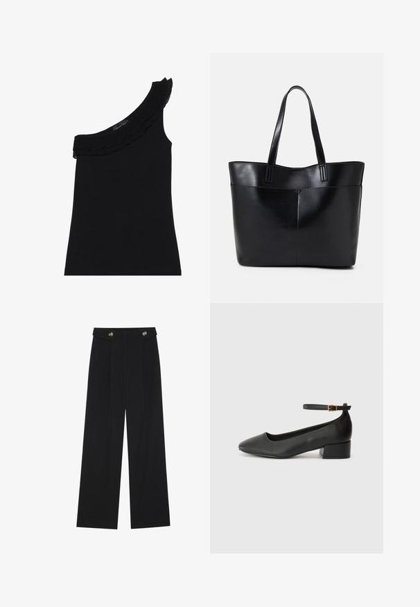 Čierny top na jedno rameno s riaseným výstrihom. Hladká, pružná tkanina. Jednoduchý a priliehavý dizajn, bez ďalších vzorov alebo akcentov.; Čierne široké nohavice s vysokým pásom, so zapínaním na gombíky na páse a prednými sklady.; Čierne kožené lodičky s špicatou špičkou a nízkym blokovým podpätkom. Obsahuje remienok okolo členka so zlatým prackou. Hladký povrch.; Čierna kožená tote taška s dvoma dlhými rúčkami, hladkým povrchom a štruktúrovaným tvarom. Obsahuje prednú kapsu pre dodatočné uskladnenie.