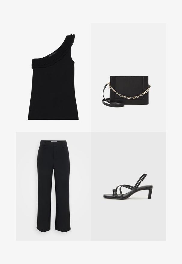 Melnas topiņš ar vienu plecu un volānveida apkakli. Gluda, elastīga auduma struktūra. Vienkāršs un piegulošs dizains, bez papildus rakstiem vai akcentiem.; Melnas platās bikses ar gludu tekstūru, ar platu jostasvietu un sānu kabatām, veidotas minimalistiskā estētikā.; Melnas strappy sandales ar kvadrātveida purngaliem un zemu bloku papēdi. Ievērojamas ar vairākiem plāniem siksniņām un regulējamu potītes siksniņu. Izgatavotas no gludas ādas.; Melna ādas crossbody soma ar gludu faktūru, taisnstūrveida formu un metalizētu ķēdes detaļu priekšā. Iekļauta regulējama siksna.