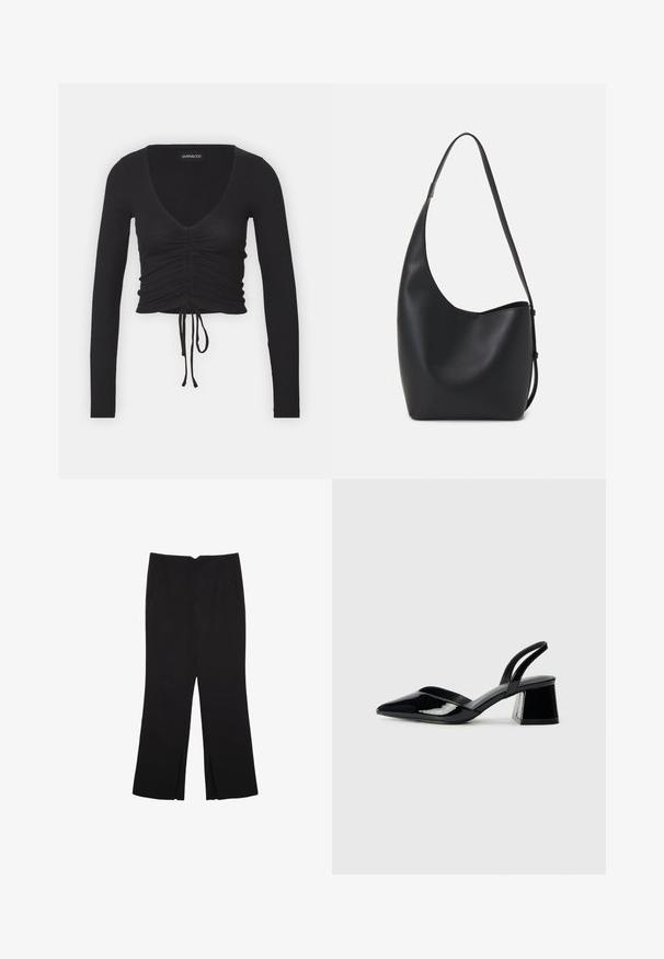 Črna rebrasta dolg rokav prerezana majica z globokim V-izrezom, z nabranim detajlom na sprednji strani in nastavljivo vrvico na robu.; Črne hlače ravnega kroja z naglavnimi žepi in stranskimi razporki na robu. Narejene iz mehke, gladke tkanine. Primerne za različne priložnosti.; Črne lakirane slingback pete s koničastim nosom in geometrijsko blokasto peto. Imajo eleganten, minimalističen dizajn in gladko teksturo.; Črna usnjena hobo torba z gladko teksturo, ukrivljeno obliko in eno nastavljivo naramnico; ima širok odprtina na vrhu.