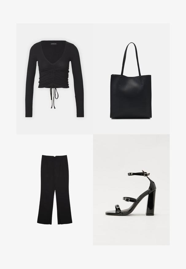 Črna rebrasta dolg rokav prerezana majica z globokim V-izrezom, z nabranim detajlom na sprednji strani in nastavljivo vrvico na robu.; Črne hlače ravnega kroja z naglavnimi žepi in stranskimi razporki na robu. Narejene iz mehke, gladke tkanine. Primerne za različne priložnosti.; Črne lakirane sandale s peto, kvadratnim prstom, trakovi okrog gležnja in srebrnimi zaponkami. Opremljene so s stabilno Debelo peto.; Črna usnjena torba s svilnato teksturo, pravokotne oblike in dvema dolgima ročajema. Brez vidnih metalnih delov ali okrasnih elementov.