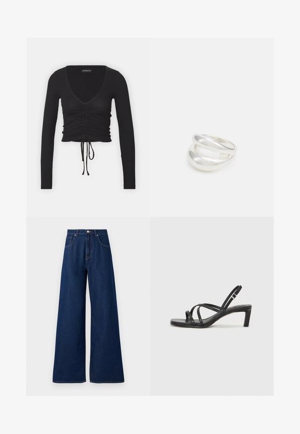 Czarny prążkowany krótki top z długim rękawem, z głębokim dekoltem w literę V, marszczonymi detalami z przodu oraz regulowanym wiązaniem na dolnym brzegu.; Jeansy dzwonowe w ciemnoniebieskim kolorze. Posiadają klasyczny pięciopocketowy design, zapięcie na guzik i kontrastowe przeszycia. Gładka tekstura.; Czarne sandały na obcasie z prostokątnym noskiem i niskim słupkowym obcasem. Posiadają wiele cienkich pasków i regulowany pasek na kostkę. Wykonane z gładkiej skóry.; Srebrna obrączka podwójna z gładką, polerowaną powierzchnią. Posiada płynny, zakrzywiony kształt z nakładającymi się sekcjami, co nadaje nowoczesny wygląd.