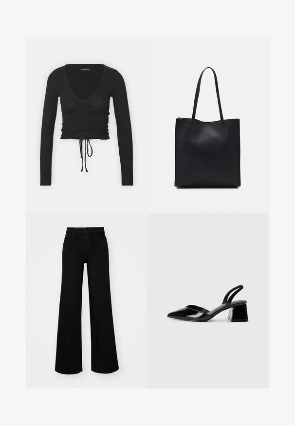 Zwarte geribbelde lange mouwen crop top met een diepe V-hals, geplooide details aan de voorkant en een verstelbare strik aan de zoom.; Zwarte wijdvallende broek van denim, met een gestructureerde tailleband, riemlussen en voorzakken. Glad van textuur met een klassiek ontwerp.; Zwarte gepatineerde leren slingback hakken met een spitse neus en een geometrische blokhak. Kenmerkt zich door een slank, minimalistisch ontwerp en een gladde textuur.; Zwarte leren handtas met een gladde textuur, rechthoekige vorm en twee lange handvaten. Geen zichtbare hardware of versieringen.