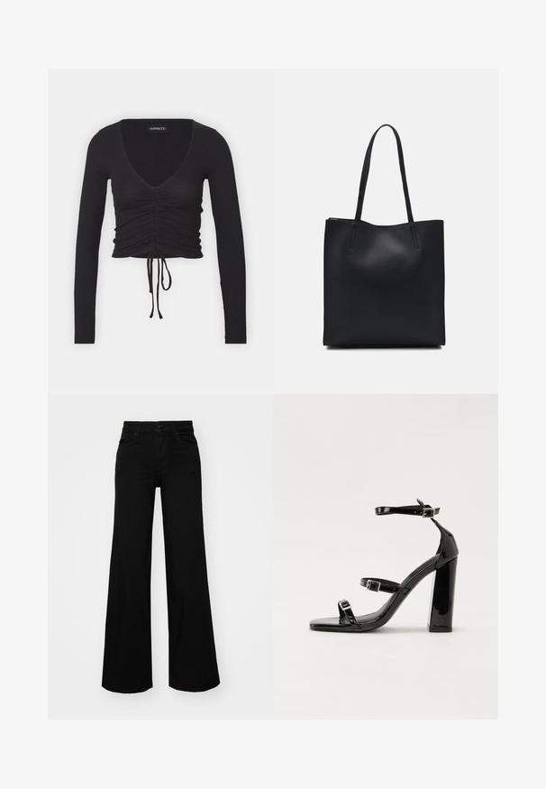 Čierny rebrovaný crop top s dlhým rukávom, ktorý má hlboký V-výstrih, zhromaždené detaily vpredu a nastaviteľnú šnúrku na leme.; Čierne široké nohavice z denimu s pevným pásom, pútkami na opasok a prednými vreckami. Hladká štruktúra s klasickým dizajnom.; Čierne lakované sandále na podpätku so štvorcovou špičkou, navlečenými remienkami okolo členku a striebornými prackami. Disponujú masívnym blokovým podpätkom pre stabilitu.; Čierna kožená taška na rameno s hladkým povrchom, obdĺžnikovým tvarom a dvoma dlhými uchami. Bez viditeľného kovania alebo ozdôb.