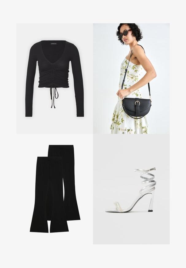 Top cropped de manga longa em preto, com um decote em V profundo, detalhes franzidos na frente e um laço ajustável na barra.; Calças pretas largas feitas de tecido elástico, com uma cintura alta e uma textura suave, apresentando um design ajustado que se alarga a partir do joelho.; Sandalha de salto alto prateada com um design de tira brilhante, apresentando um detalhe semelhante a uma pérola e uma tira de tornozelo espiralada para um ajuste seguro.; Bolsa de couro preta com forma curva, alça destacável e detalhes em dourado. A bolsa possui uma aba com detalhe de fivela.