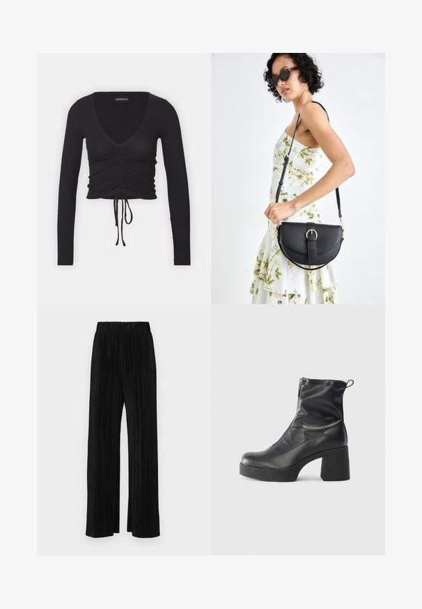 Czarny prążkowany krótki top z długim rękawem, z głębokim dekoltem w literę V, marszczonymi detalami z przodu oraz regulowanym wiązaniem na dolnym brzegu.; Czarne spodnie plisowane z elastycznym paskiem w talii. Posiadają szerokie nogawki oraz gładki, teksturowany materiał z pionowymi paskami.; Czarne botki za kostkę wykonane z gładkiej skóry, wyposażone w boczny zamek błyskawiczny, masywny teksturowany obcas oraz zaokrąglony czubek.; Czarna skórzana torebka o zakrzywionym kształcie, z odpinanym paskiem i złotymi akcentami. Torebka posiada klapę z zapięciem w kształcie klamry.