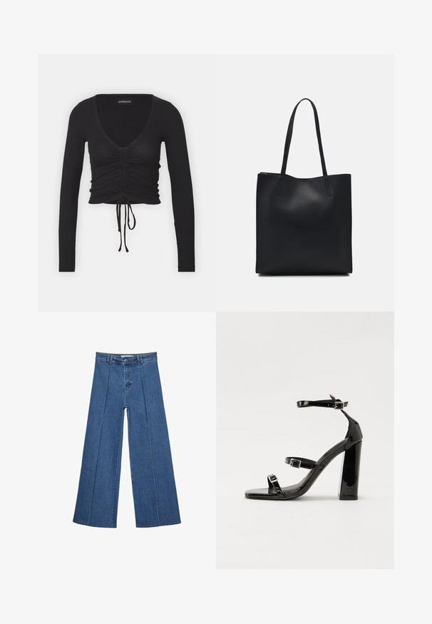 Čierny rebrovaný crop top s dlhým rukávom, ktorý má hlboký V-výstrih, zhromaždené detaily vpredu a nastaviteľnú šnúrku na leme.; Rovné džínsy s širokými nohavicami v strednom modrom odtieni, so zvýšeným pásom, zapínaním na gombík a kontrastnými vertikálnymi švami pozdĺž prednej strany.; Čierne lakované sandále na podpätku so štvorcovou špičkou, navlečenými remienkami okolo členku a striebornými prackami. Disponujú masívnym blokovým podpätkom pre stabilitu.; Čierna kožená taška na rameno s hladkým povrchom, obdĺžnikovým tvarom a dvoma dlhými uchami. Bez viditeľného kovania alebo ozdôb.