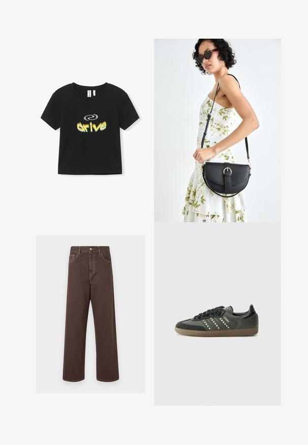 Juodas medvilninis marškinėliai su trumpomis rankovėmis, su geltonos ir mėlynos spalvos grafika, kurioje parašyta "vairuok" su spirale virš teksto.; Rudos plačios kojų džinsai su kontrastingomis siūlėmis, penkiais kišenėmis ir metaliniu mygtuko uždarymu. Lygus paviršius, tiesus kirpimas.; adidas Originals SAMBA OG - Sportbačiai - core black/legend earth/gum; Juodas odinis krepšys su išlenkta forma, nuimamu dirželiu ir auksiniais detalėmis. Krepšys turi kilpą su sagtimi.