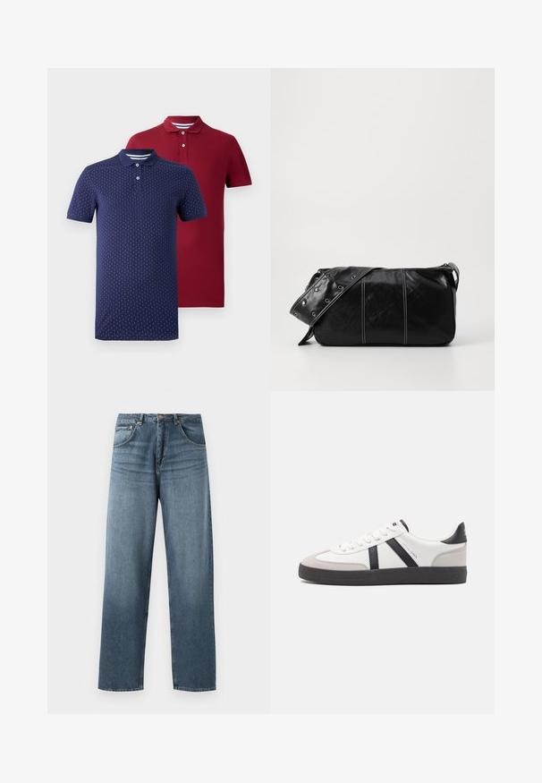 Dos polos de manga corta, uno de color rojo oscuro liso y otro de color azul marino con un patrón de puntos verticales blancos, ambos con botones y cuellos.; Jeans de mezclilla azul de pierna recta con un lavado desgastado, que cuentan con un diseño de cinco bolsillos, botón de metal y presillas para cinturón. Tejido estructurado y de peso medio.; Zapatilla blanca con acentos en negro y gris, que presenta una puntera texturizada en gris, suela de goma negra y cordones planos blancos. Diseño limpio, estilo minimalista.; Bolso de hombro de cuero negro con cierre de cremallera, que presenta un cuerpo texturizado, costuras blancas y una correa con ojales plateados.