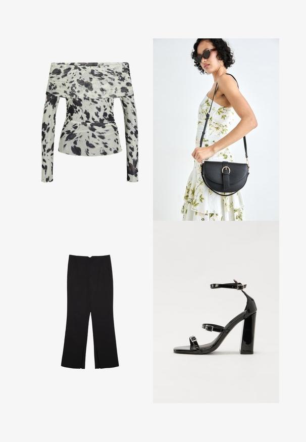 Top brez naramnic iz lahkega materiala z belo podlago in črno-rjavim abstraktnim vzorcem. Dolgi rokavi z naborki.; Črne hlače ravnega kroja z naglavnimi žepi in stranskimi razporki na robu. Narejene iz mehke, gladke tkanine. Primerne za različne priložnosti.; Črne lakirane sandale s peto, kvadratnim prstom, trakovi okrog gležnja in srebrnimi zaponkami. Opremljene so s stabilno Debelo peto.; Črna usnjena torbica s ukrivljeno obliko, z odstranljivo naramnico in zlatimi dodatki. Torbica ima pokrov s podrobnostmi v obliki zaponke.