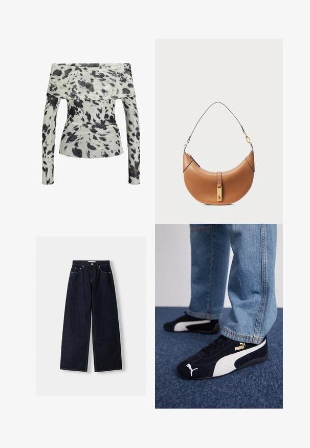 Halenka bez ramínek z lehkého materiálu s bílým podkladem a černým a hnědým abstraktním vzorem. Dlouhé rukávy se zvýrazněnou texturou.; Tmavě modré džíny s širokými nohavicemi a vysokým pasem, pěti kapsami, kontrastním šitím a stříbrnými kovovými detaily. Hladká struktura a čisté provedení.; Černé semišové tenisky s bílými akcenty a zlatým logem. Nosené s světle modrými jeany a položené na strukturovaném modrém povrchu.; Hnědá kožená kabelka s zakřiveným tvarem, zlatými detaily a tenkým ramenním popruhem. Obsahuje zipové uzavření a logo na přední straně.