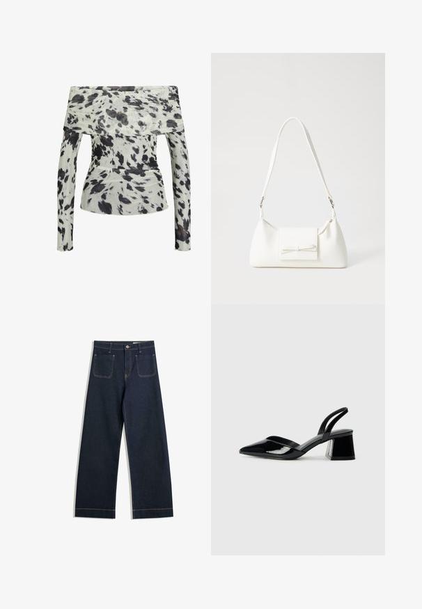 Vállon kívüli felső könnyű anyagból, fehér alapon fekete és barna absztrakt mintával. Hosszú ujjú, gyűrt textúrával.; Sötétkék, széles szárú farmernadrág, eltérő bézs varrással, két hátsó zsebbel és gombos záródással a deréknál.; Fekete lakk bőr szandálkés magas sarkú cipő, hegyes orral és geometrikus tömbsarkakkal. Karcsú, minimalista dizájn és sima textúra jellemzi.; Fehér szintetikus kézitáska, háromszög alakú, lapos előlap, masni részlettel, állítható pánttal, sima textúrával és minimalista dizájnnal.