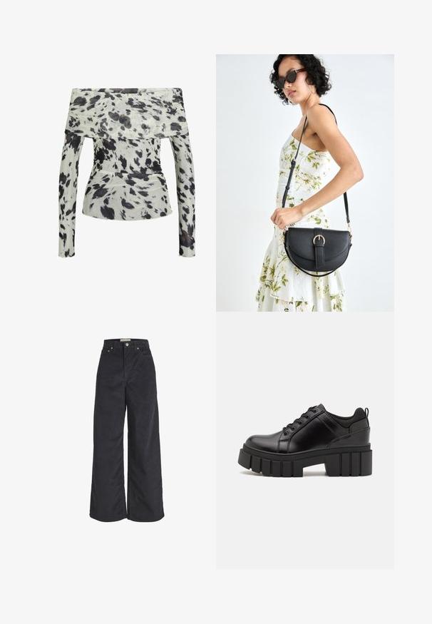 Top cu umeri goi dintr-un material léger, având o bază albă cu print abstract în nuanțe de negru și maro. Mâneci lungi cu textură plisată.; Pantaloni largi din catifea neagră cu talie înaltă, închidere cu buton frontal și două buzunare laterale. Textură moale și siluetă dreaptă.; Pantofi cu talpă plată din piele neagră, cu toc gros, vârf rotund și design tradițional cu șireturi. Prezintă o textură netedă și detalii minime.; Geantă din piele neagră, cu o formă curbată, curea detașabilă și accesorii aurii. Geanta are un capac cu un detaliu tip cataramă.