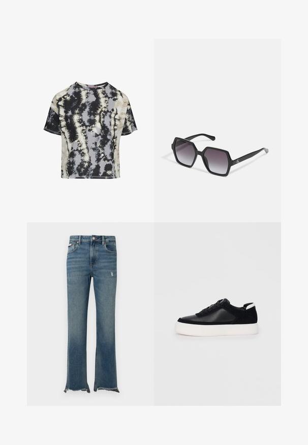 Krótki rękaw, krótka koszulka z bawełny z wzorem tie-dye w czarne, szare i beżowe zawirowania. Surowe krawędzie i okrągły dekolt.; Niebieskie dżinsy z lekkim przetarciem, surowym postrzępionym wykończeniem na dole, przednimi kieszeniami, szlufkami na pasek i zapięciem na guzik.; Czarne sneakersy z gładkiej skóry i zamszowymi panelami, płaskimi sznurowadłami, zaokrąglonym noskiem i białą gumową podeszwą. Wyraźne logo na pięcie.; Czarne, sześciokątne okulary przeciwsłoneczne z gradientowymi soczewkami, o błyszczącym wykończeniu i subtelnym logo na zauszniku. Wykonane z trwałego plastiku.