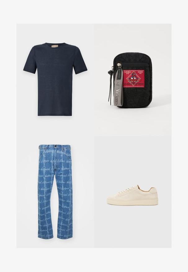 Námořnická modrá tričko s krátkým rukávem a klasickým výstřihem z lehkého, mírně průsvitného materiálu na bílém pozadí.; Modré denimové džíny s rovnými nohavicemi, s opakujícím se vzorem textu "Vivienne Westwood" v bílé barvě. Klasický pětikapsový design.; Beige semišové tenisky s nízkým střihem, kulatou špičkou, plochými tkaničkami a texturovanou gumovou podrážkou. Minimalistický styl bez viditelných log.; Černý sáček s texturovanou tkaninou, se červeným nášivkou s logem, zipovým uzavřením a šedým popruhem s embosovaným názvem značky.