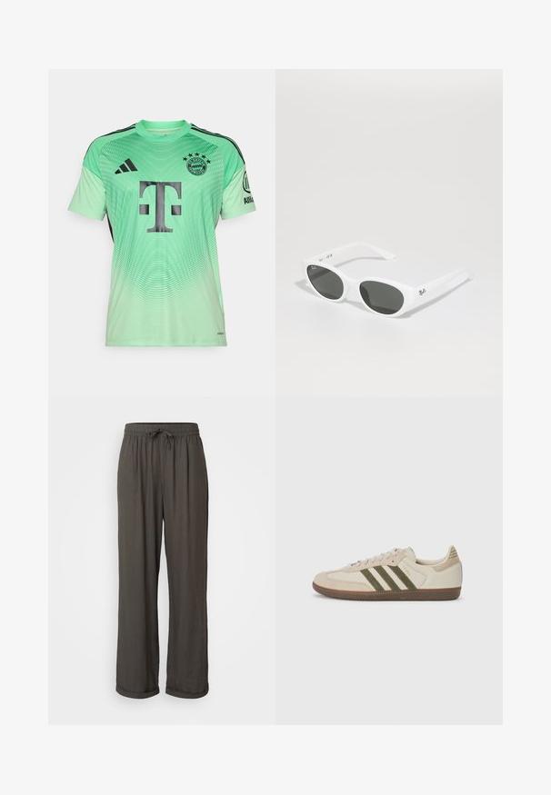 Mėtų žalios spalvos futbolo marškiniai su juodais akcentais, gradientinė struktūra, su dideliu juodu logotipu centre ir komandos emblema viršuje kairėje.; Tamsiai pilkos plačios kelnės su virvute liemenyje, pagamintos iš minkštos, tekstūrinės medžiagos, su apsuktomis kraštinėmis ties kulkšnimis.; adidas Originals SAMBA OG UNISEX - Sportbačiai - alumina/medium dark khaki/gum; Baltos akiniai nuo saulės su apvaliais rėmeliais ir tamsiais lęšiais. Pasižymi lygaus plastiko tekstūra ir mažu logotipu ant šventyklos.