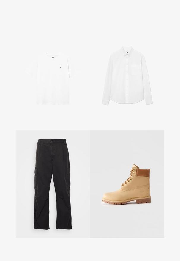 White short-sleeve crew-neck t-shirt with small circular logo featuring a black "W" on the left chest area.; White long-sleeve button-up shirt with a collar, front pocket, and subtle texture. Front placket features buttons and a small logo detail.; Black cargo pants with a straight-leg design, featuring two side pockets, a button closure, and a textured fabric.; Light brown leather ankle boot with padded collar, gold eyelets, tan laces, and thick lug sole on plain light background.