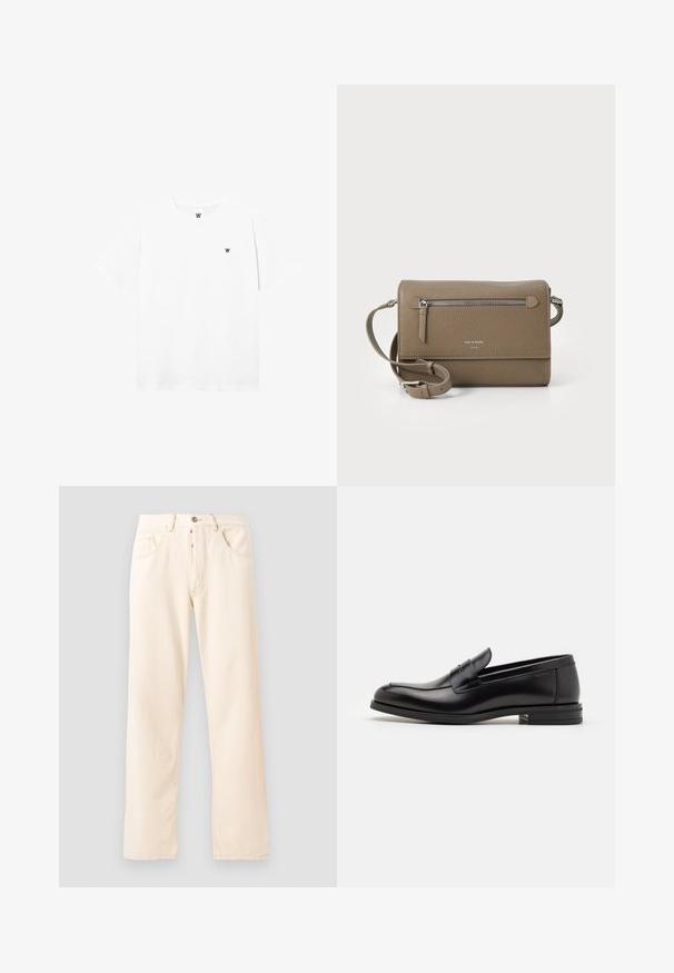 White short-sleeve crew-neck t-shirt with small circular logo featuring a black "W" on the left chest area.; Light beige denim jeans with a straight-leg design, five pockets, and a front button closure. Stitching visible along seams.; Black leather loafers with a smooth texture, rounded toe, and a decorative strap across the vamp. Low stacked heel, minimalist design.; Taupe leather crossbody bag with a zippered front pocket, adjustable strap, pebble texture, and embossed logo on the front.