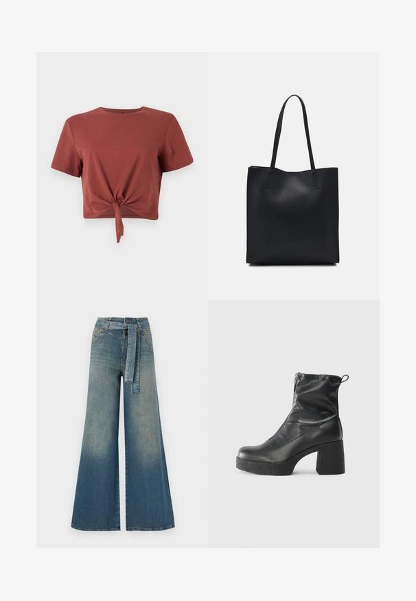 Kratký rust-colored tričko z měkké bavlny s krátkými rukávy a uzlovým detailem v přední části. Hladká texture, kulatý výstřih.; Džínové kalhoty širokého střihu s přechodem od světlé k tmavě modré, vysokým pasem, poutky na opasek a odpovídajícím opaskem ze stejného materiálu. Texturovaná džínovina.; Černé kotníkové boty vyrobené z hladké kůže, s bočním zipem, robustním strukturovaným podpatkem a kulatou špičkou.; Černá kožená taška přes rameno s hladkým povrchem, obdélníkovým tvarem a dvěma dlouhými uchy. Žádné viditelné kování ani ozdoby.
