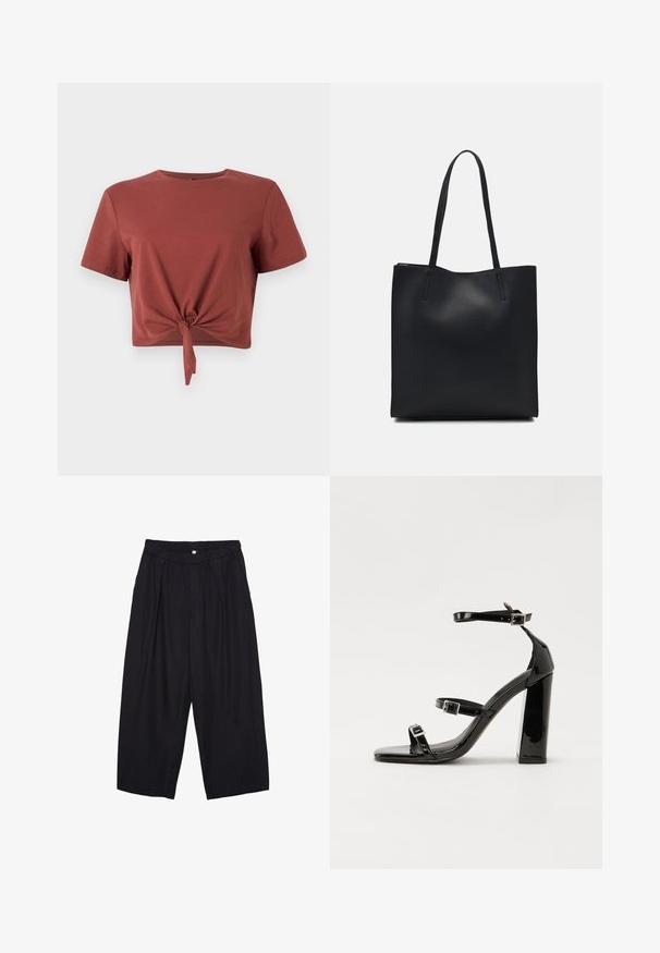 Rust-colored cropped t-shirt in soft cotton with short sleeves and a knotted front detail. Smooth texture, round neckline.; Black polyester culotte pants with an elastic waistband, two front pleats, and a loose silhouette. No visible patterns or hardware details.; Black patent heeled sandals with a square toe, ankle straps, and silver buckles. Features a chunky block heel for stability.; Black leather tote bag with smooth texture, rectangular shape, and two long handles. No visible hardware or embellishments.