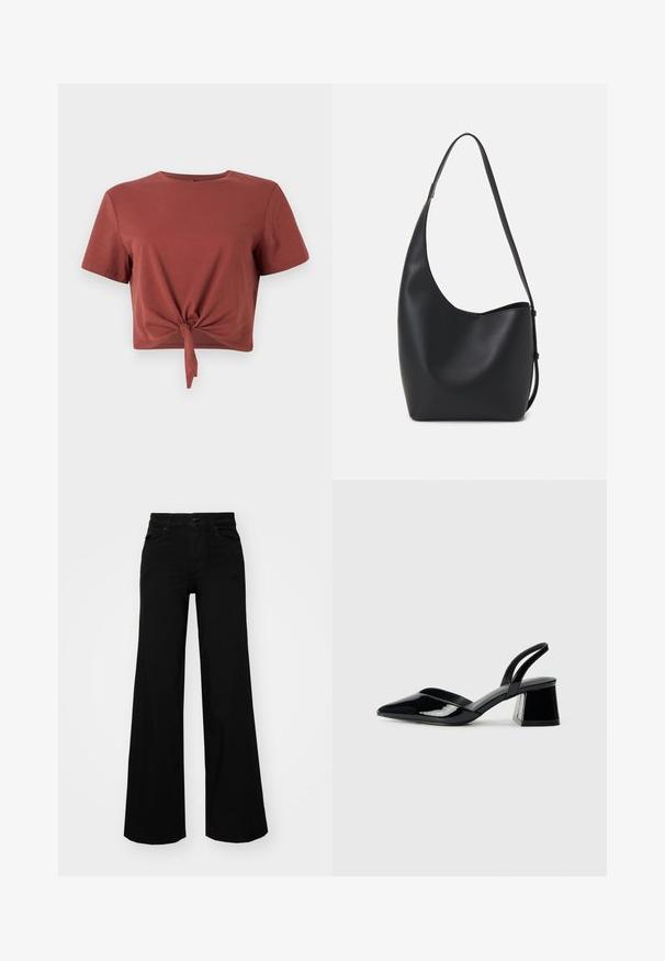 Rust-colored cropped t-shirt in soft cotton with short sleeves and a knotted front detail. Smooth texture, round neckline.; Black wide-leg pants made of denim, featuring a structured waistband, belt loops, and front pockets. Smooth texture with a classic design.; Black patent leather slingback heels with a pointed toe and a geometric block heel. Features a sleek, minimal design and smooth texture.; Black leather hobo bag with a smooth texture, curved shape, and single adjustable strap; features a wide opening at the top.