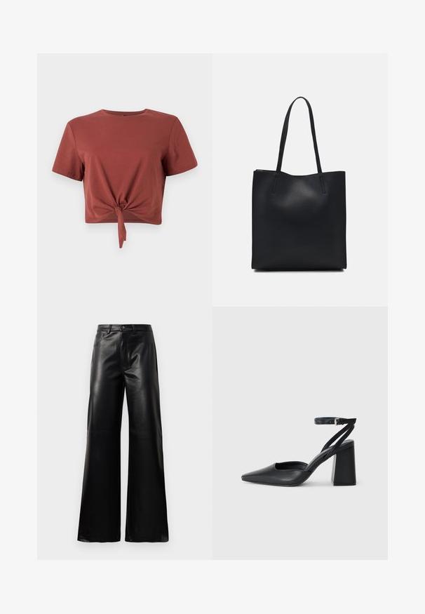 Tricou scurt, de culoare ruginită, din bumbac moale, cu mâneci scurte și un detaliu nodat în față. Textură netedă, decolteu rotund.; Pantaloni negri cu talie înaltă, largi, din piele sintetică, cu nasture frontal, închidere cu fermoar, bucle pentru centură și buzunare laterale pe fundal alb.; Pantofii cu toc ascuțit din piele neagră, cu breteaua pentru glezne și toc gros. Textură netedă, design elegant și estetică minimală.; Geantă tote neagră din piele, cu textură netedă, formă rectangulară și două mânere lungi. Fără hardware vizibil sau ornamente.