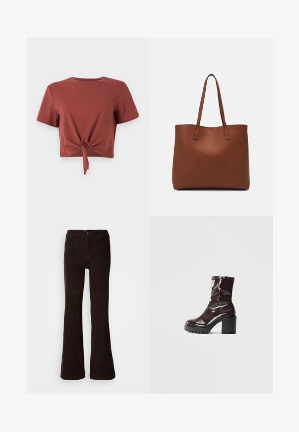 T-shirt court de couleur rouille en coton doux avec des manches courtes et un détail noué à l'avant. Texture lisse, col rond.; Pantalon flare en velours côtelé marron avec une finition texturée, doté d'une fermeture à boutons sur le devant, de passants pour ceinture et de deux poches arrière.; Bottines bordeaux brillantes à talon épais noir, avec une texture lisse et un design simple. Aucune fermeture visible ni motifs.; Sac fourre-tout en cuir marron avec une texture lisse, design à ouverture supérieure et deux poignées pour le porter à l'épaule. Présente des coutures minimales et aucun matériel visible.