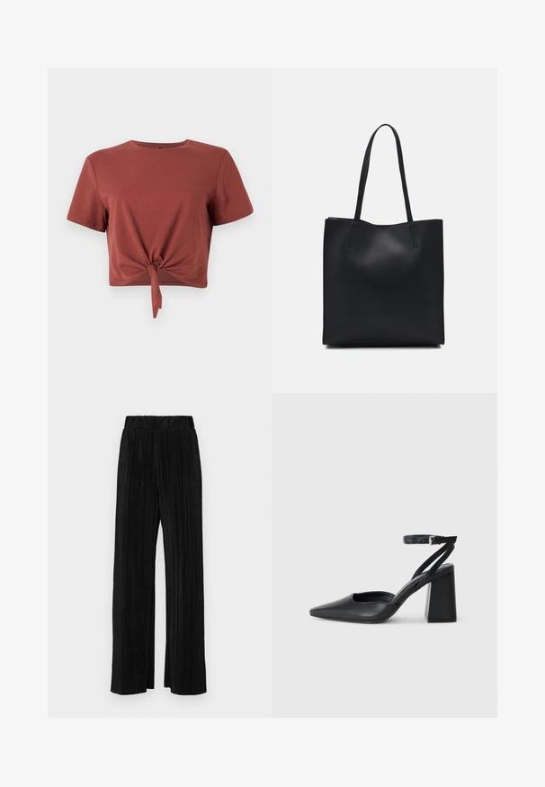 Rust-colored cropped t-shirt in soft cotton with short sleeves and a knotted front detail. Smooth texture, round neckline.; Black pleated trousers with an elastic waistband. Features wide legs and a smooth, textured fabric with vertical stripes.; Black leather pointy-toe pump with an ankle strap and a chunky heel. Flat texture, sleek design, and minimalistic aesthetics.; Black leather tote bag with smooth texture, rectangular shape, and two long handles. No visible hardware or embellishments.