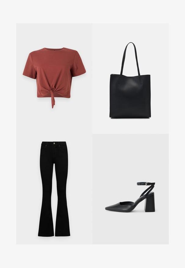 Rostfarbiges, kurzes T-Shirt aus weicher Baumwolle mit kurzen Ärmeln und einem geknoteten Vorderteil. Sanfte Textur, runder Ausschnitt.; Schwarze hochtaillierte Jeans mit einem Knopf- und Reißverschluss, Fronttaschen und ausgestellten Beinen, flach auf einem weißen Hintergrund ausgelegt.; Schwarze Leder-Pumps mit spitzer Zehe, einem Knöchelriemen und einem blockigen Absatz. Flache Textur, elegantes Design und minimalistische Ästhetik.; Schwarze Laptoptasche aus Leder mit glatter Textur, rechteckiger Form und zwei langen Griffen. Keine sichtbaren Beschläge oder Verzierungen.