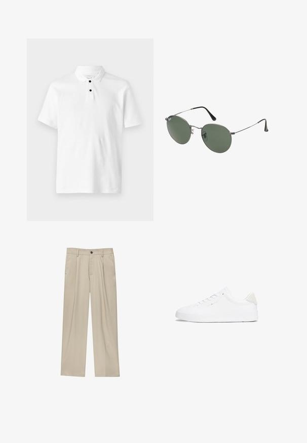 Polo bianco con tessuto testurizzato, maniche corte, colletto ripiegato e tre bottoni neri nella scollatura.; Pantaloni beige a taglio dritto, con un solo bottone nero, passanti per la cintura e tasche laterali. Tessuto dalla texture liscia e design minimale.; Sneaker bianco con tomaia in pelle liscia, punta rotonda, suola piatta e design minimalista. Presenta un branding sottile e un accento beige sul tallone.; Occhiali da sole con montatura in metallo e lenti verdi ovali. Montatura sottile in metallo argento e terminali neri. Design minimalista, senza loghi visibili.