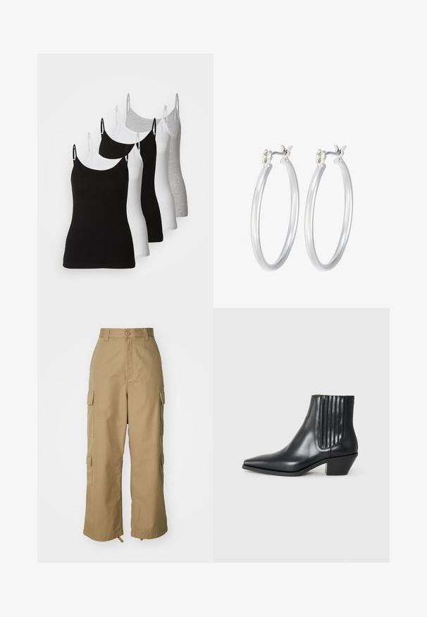 Cinque canotte senza maniche in nero, bianco e grigio chiaro. Realizzate in un tessuto liscio ed elasticizzato con spalline regolabili e scollature arrotondate.; Pantaloni cargo beige con vita alta, gamba ampia e quattro grandi tasche laterali. Realizzati in un tessuto resistente con una texture liscia e dettagli minimi.; Stivaletto in pelle nera con punta affusolata, pannelli laterali elasticizzati con scanalature verticali e tacco basso a blocco. Texture liscia e design elegante.; Orecchini a cerchio in argento con una finitura liscia e lucida. Forma rotonda e chiusura a scatto sicura. Design leggero adatto per l'uso quotidiano.