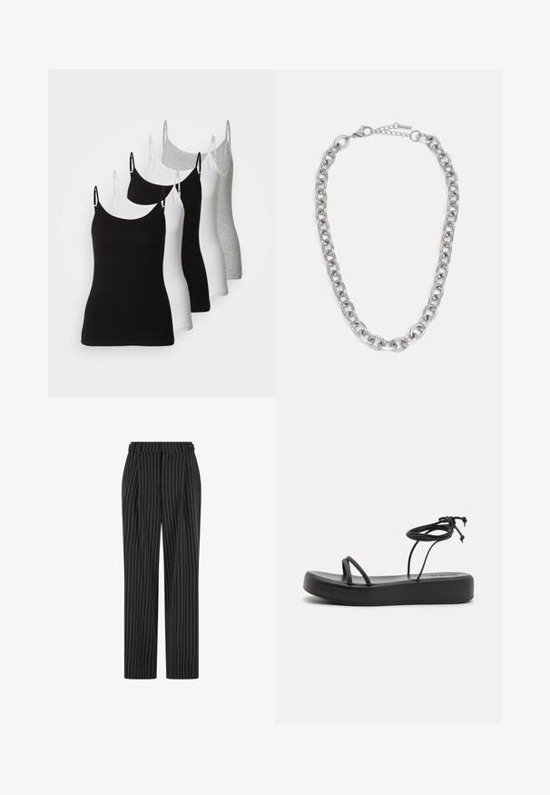 Five sleeveless camisoles in black, white, and light gray. Made of a smooth, stretchy fabric with adjustable straps and rounded necklines.; Black pinstripe trousers with a high waist, pleated front, and a straight leg design. Fabric appears textured and tailored for a formal look.; Black flat sandals with a wide sole, thin straps, and an adjustable tie at the ankle. Smooth texture with a minimalist design.; Silver-tone chain necklace with oval links and a lobster clasp, laid flat on a white background.