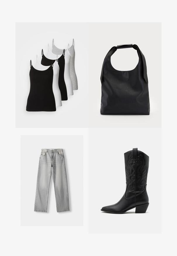Päť bezramienkových tielok v čiernej, bielej a svetlosivej farbe. Vyrobené z hladkej, elastickej tkaniny s nastaviteľnými ramienkami a zaoblenými výstrihmi.; Svetlosivé džíny z denimu s rovnými nohavicami, ktoré majú dve predné vrecká, zapínanie na gombík a jemné vyblednutie pre textúru.; Čierna kožená kovbojská čižma s špicatou špičkou, embosovanými vírivými vzormi a stredne vysokým opätkom. Obsahuje pútko pre jednoduché obúvanie.; Čierna kožená hobo taška s jedným mäkkým, zaobleným uchom; má hladkú textúru a minimalistický dizajn. Žiadne viditeľné kovanie ani akcenty.