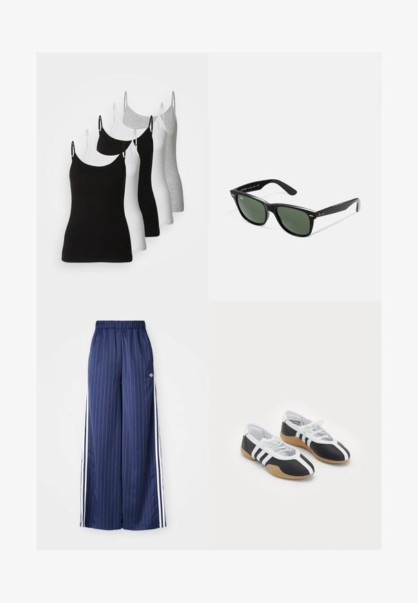 Fünf ärmellose Tops in Schwarz, Weiß und Hellgrau. Hergestellt aus einem glatten, dehnbaren Stoff mit verstellbaren Trägern und rundem Ausschnitt.; Navyblaue, weit geschnittene Hose mit vertikalen weißen Streifen, elastischem Bund und drei weißen Streifen an jeder Seite, aus leichtem Material gefertigt.; Schwarz-weiße Sportschuhe mit einem eleganten Design, Gummisohle, Schnürverschluss und drei weißen Streifen an den Seiten.; Schwarze Plastiksonnenbrille mit grünen Gläsern, quadratischen Rahmen, silbernem Akzent auf der Augenbraue und strukturierten Bügeln. Angegebene Marke auf dem inneren Bügel.
