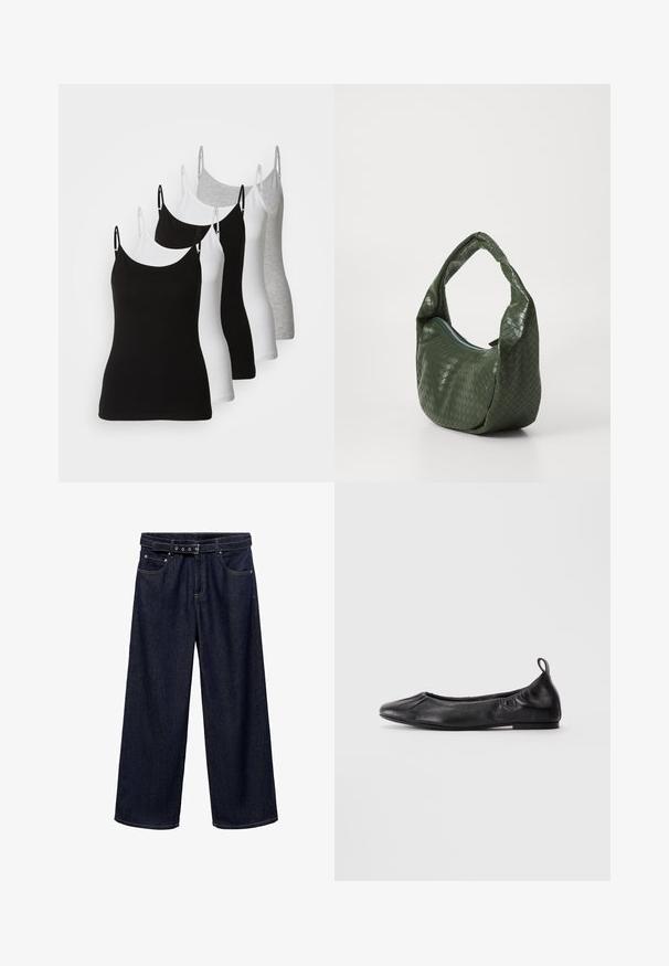 Five sleeveless camisoles in black, white, and light gray. Made of a smooth, stretchy fabric with adjustable straps and rounded necklines.; Dark blue wide-leg jeans made of denim. Features a belted waistband with multiple buttons, front pockets, and a clean finish at the hems.; Black leather ballet flat with rounded toe, gathered elastic sides, and a pull tab at the heel, displayed on a light background.; Green woven leather bag with a curved handle and zip closure. Features a textured, patterned surface and a soft, slouchy shape.