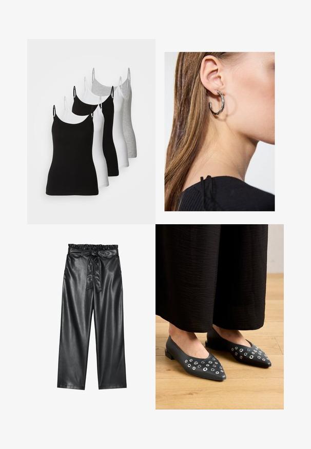 Pet sleče brez rokavov v črni, beli in svetlo sivi barvi. Narejene iz gladkega, raztegljivega materiala z nastavljivimi naramnicami in zaobljenimi izrezi.; Črne široke hlače iz umetnega usnja z elastičnim, nabranim pasom in snemljivim pasom. Gladka tekstura in minimalen sijaj.; Črne usnjene balerinke z ostrim nosom, okrašene z kovinskimi očesci različno velikosti ter z nizkim kvadratnim peto. Gladka tekstura na leseni podlagi.; Srebrna obročasta uhana s polirano površino, ki vključuje majhne zlate poudarke in okroglo obliko, nošena na ušesnem lobu.