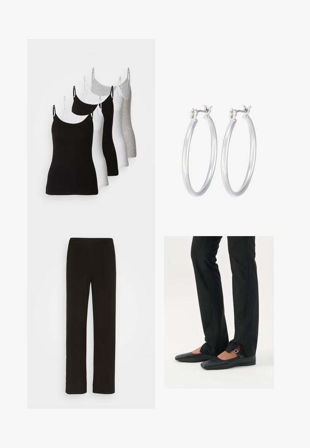 Vijf mouwloze camisoles in zwart, wit en lichtgrijs. Gemaakt van een gladde, rekbare stof met verstelbare bandjes en ronde halslijnen.; Zwarte, rechte broek van geweven stof, met een platte voorkant, twee zijzakken en een gladde textuur. Geen zichtbare patronen of accenten.; Zwarte leren balletschoenen met een puntige neus, bandje met een zilveren gesp, gecombineerd met zwarte nauwsluitende broek met een zijsplit.; Zilveren oorbellen in de vorm van een gladde, gepolijste ring. Ronde vorm met een veilige kliksluiting. Lichtgewicht ontwerp, geschikt voor dagelijks gebruik.