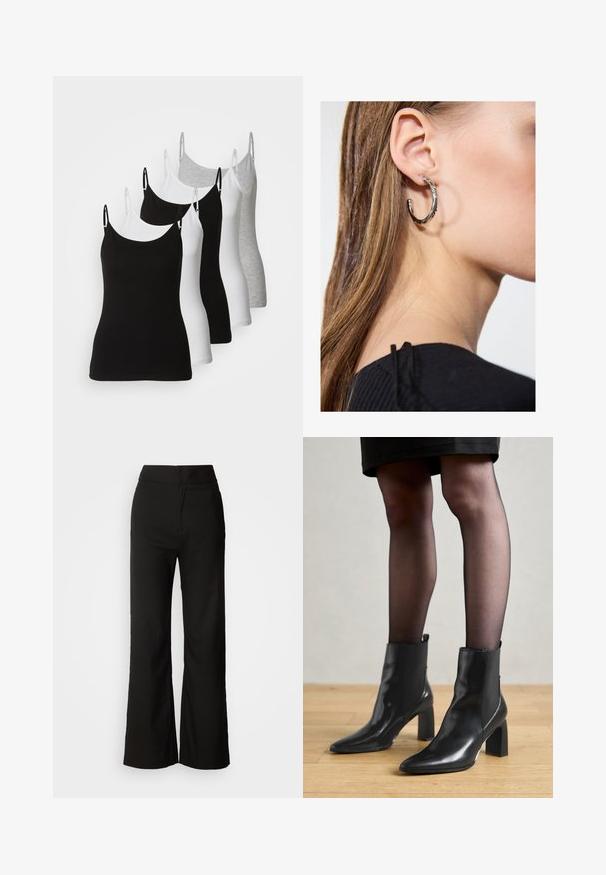 Öt ujjatlan felső fekete, fehér és világosszürke színben. Simább, rugalmas anyagból készült, állítható pántokkal és kerek nyakkivágással.; Fekete, bő szárú nadrág sima textúrával, magas derékkal és letisztult dizájnnal. Nincs látható zseb vagy díszítés.; Fekete bőr bokacsizma, hegyes orral, vastag négyzetes sarkal és letisztult dizájnnal. Az egyszerű felvételt segítő elasztikus oldalsó panelek jellemzik.; Ez egy ezüst fülbevaló, sima felülettel, amelyen apró arany díszítőelemek találhatók. Kerek formájú és a fülcimpán viselik.