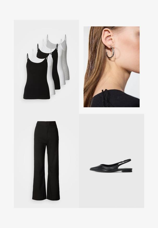 Cinco camisolas sem mangas em preto, branco e cinza claro. Feitas de um tecido liso e elástico com alças ajustáveis e decotes arredondados.; Calças largas pretas com uma textura suave, cintura alta e um design clean. Sem bolsos visíveis ou adornos.; Sandal preto de salto baixo com biqueira pontiaguda e fita elástica fina, design minimalista em fundo branco simples.; Brinco de argola prateada com acabamento polido, apresentando pequenos detalhes em dourado e uma forma redonda, usado na orelha.