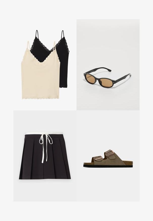 Dva topa: jedan krem i jedan crni. Obe imaju čipkaste detalje oko dekoltea i donjeg ruba, sa podešavajućim trakama.; Kremasta bluzica s volanom oko vrata, dugim rukavima sa širom manžetom i višeslojnim rubom. Tkanina ima suptilne točke.; Crna plisirana suknja s bijelim wovanim vezicom u struku. Izrađena od mekog materijala, s glatkom teksturom i jednostavnim, klasičnim dizajnom.; Smeđe nubuk sandale s dvije podesive trake i metalnim kopčama. Pluta noga i crna teksturirana potplat. Dizajn s otvorenim prstima.; Crne sunčane naočale s ovalnim okvirom, smešnim staklima i srebrnim detaljima na okviru. Glatka tekstura i elegantan dizajn.; Crna tkanina torba s jednim širokim remenom za rame. Mekan, polustrukturiran oblik i glatka tekstura; minimalistički dizajn, bez vidljivog hardvera.