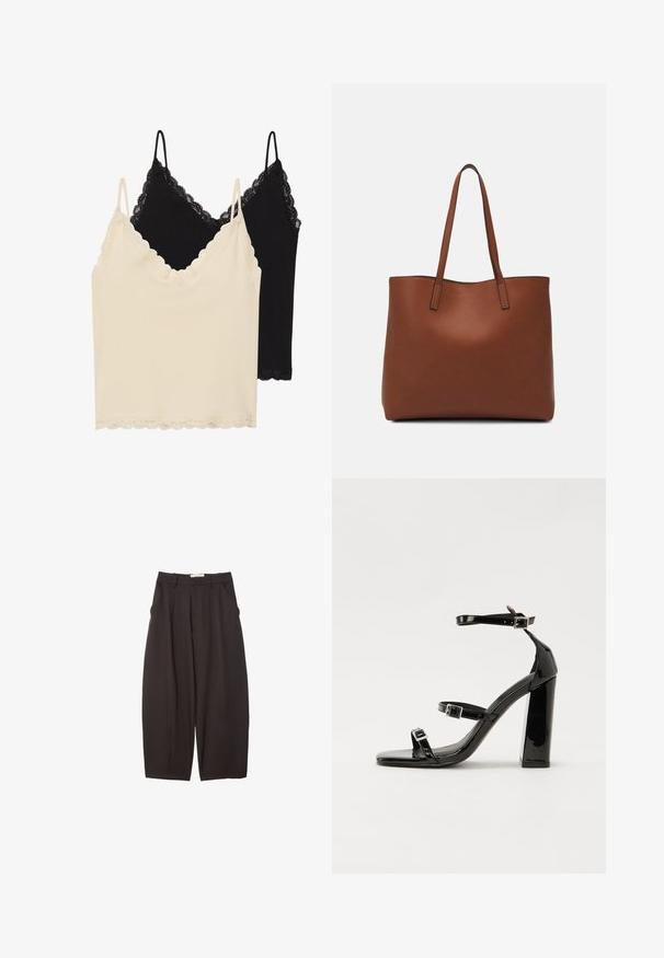 Dwa topy na ramiączkach: jeden kremowy, a drugi czarny. Oba mają koronkowe wykończenie przy dekolcie i u dołu, oraz regulowane ramiączka.; Czarne spodnie o szerokich nogawkach wykonane z gładkiego materiału, z wysokim stanem, plisami z przodu i bocznymi kieszeniami. Prosty fason bez zdobień.; Czarne lakierowane sandały na wysokim obcasie, z dwoma paskami zapinanymi na klamry, kwadratowy nosek i masywny obcas typu słupek, o gładkiej, błyszczącej fakturze.; Brązowa skórzana torba tote o gładkiej fakturze, z otwartym wierzchem i dwoma ramiączkami. Charakteryzuje się minimalnym przeszyciem i brakiem widocznych elementów metalowych.